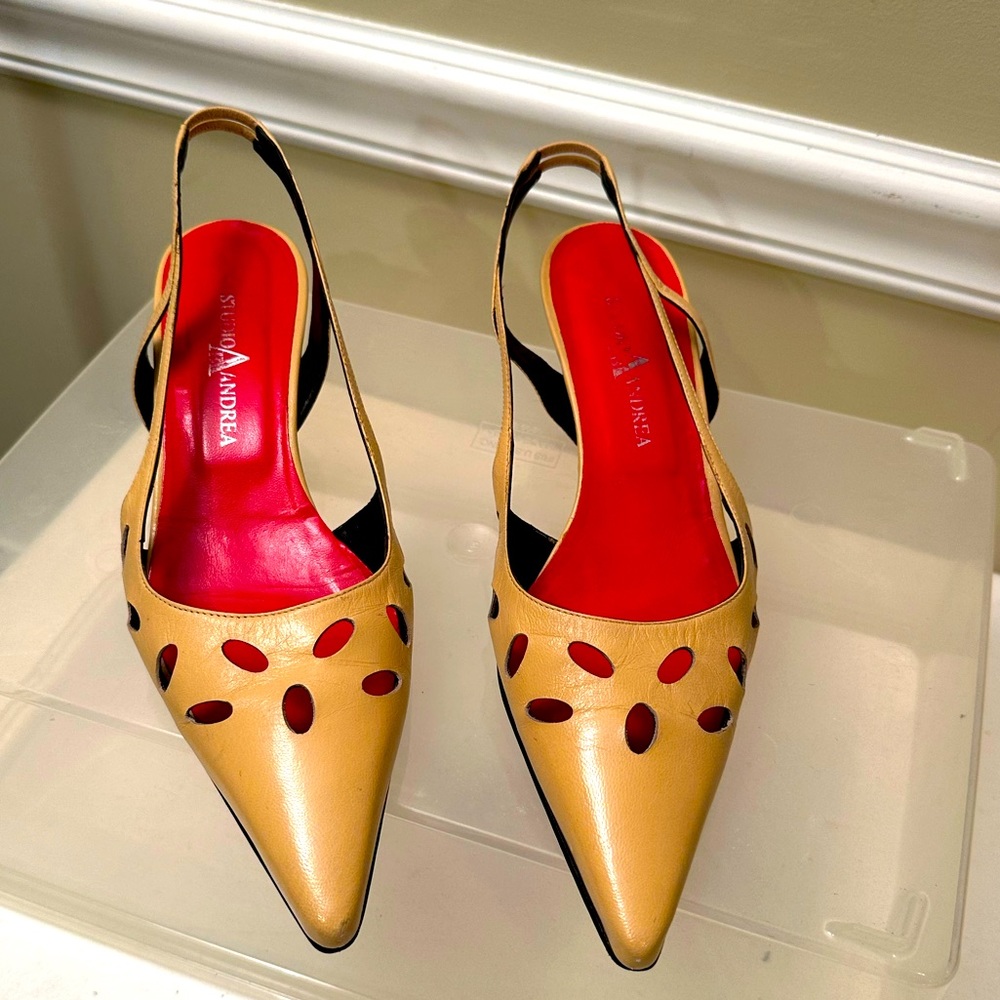 Studio A Andrea vintage 2” heel with yellowish tan leather shoes